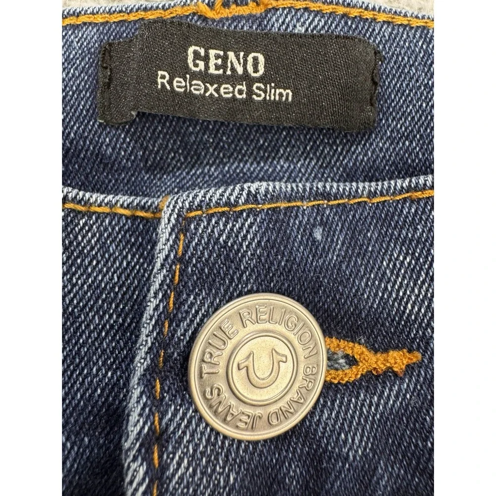 True Religion Geno Jeans Men 36x32 Blue Relaxed Slim‎ Distress Whiskered Denim